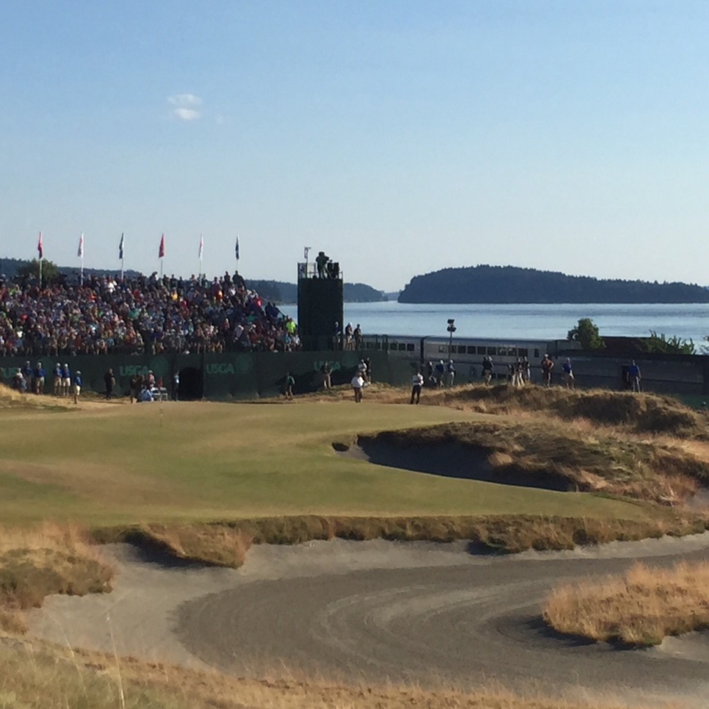by Delphine Stevens: Chambers Bay, US Open, 17th hole with train passing